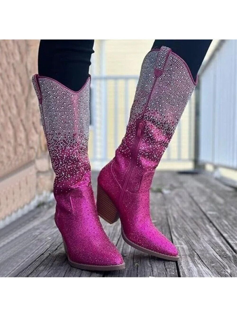 Posh Wild Ones Fuchsia Ombre Rhinestone Western Cowgirl Knee Boots Hot Pink - Picture 17 of 17